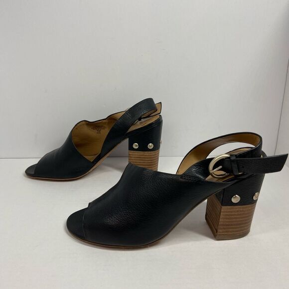 Marc Fisher Leather Sling back Stack Heels Peep toe Black Shoes 9.5M - Picture 4 of 8